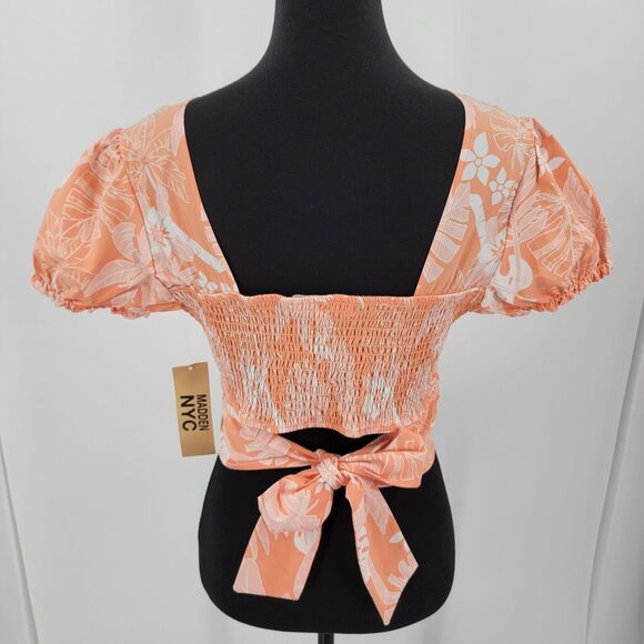 Madden NYC Top Juniors Large Crop Puff Sleeves Tie Back Floral Padded NEW - Picture 2 of 10